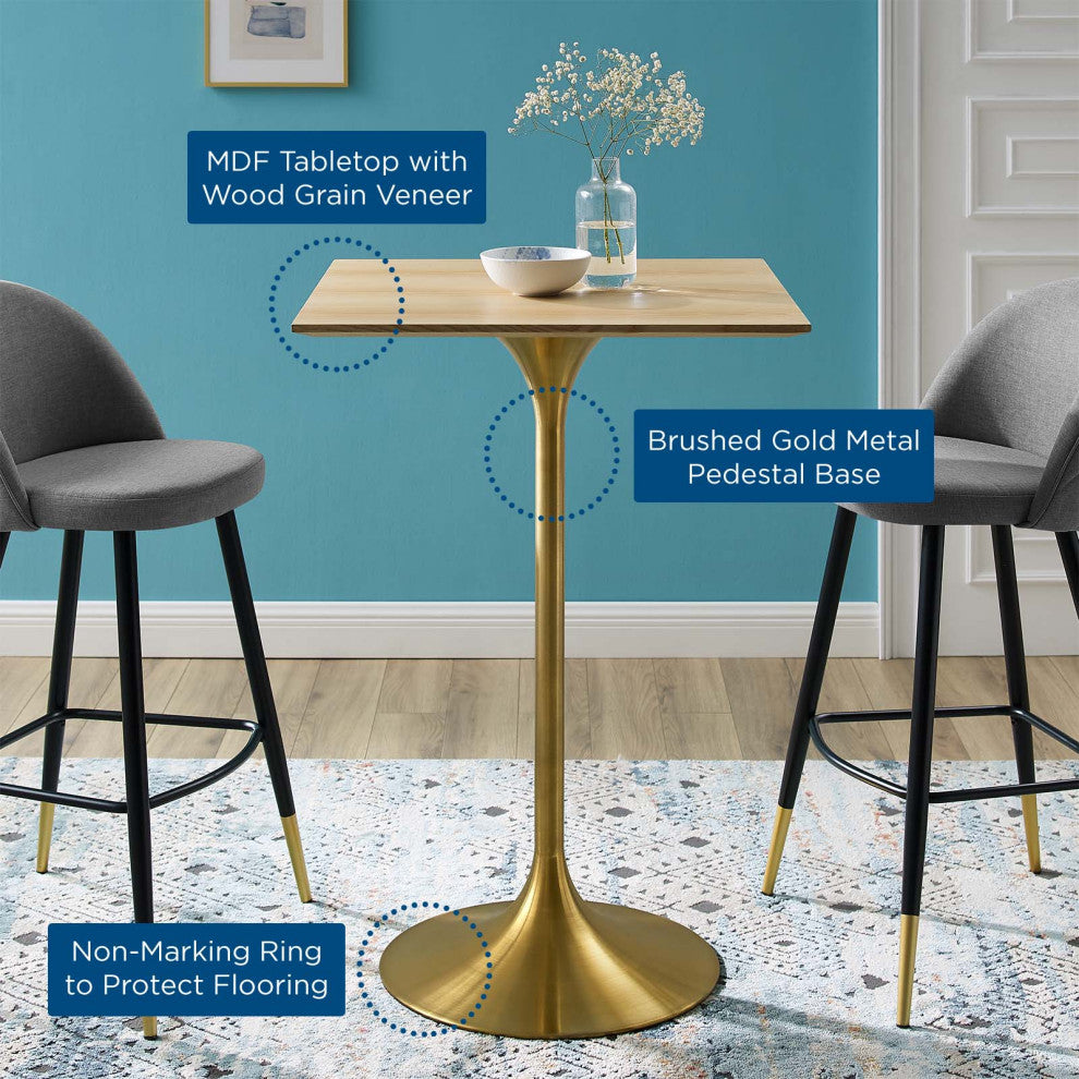 Bar Table, Square, Wood, Metal, Gold Brown Natural, Modern, Bar Pub Cafe Bistro