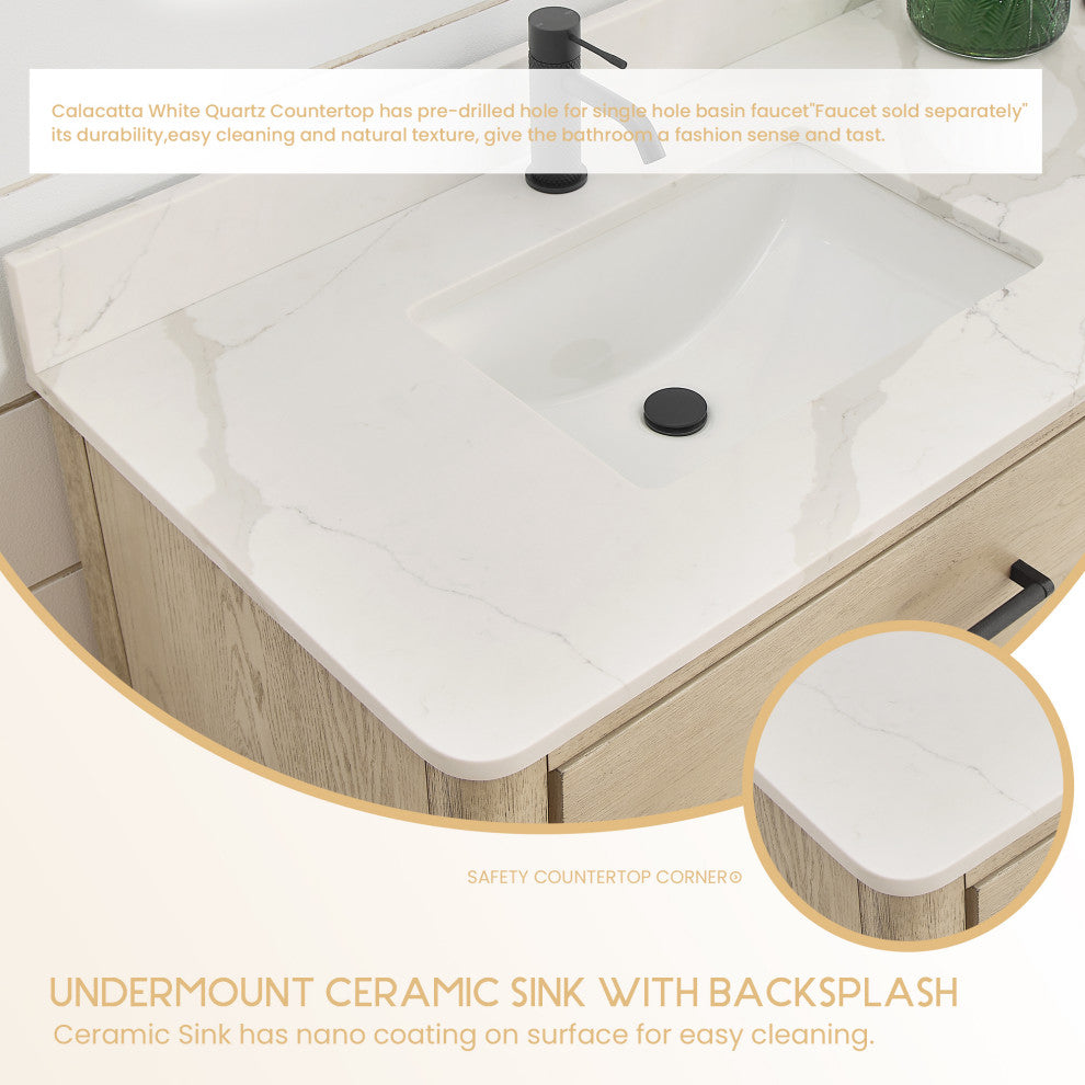 Porto Bath Vanity with White Quartz Stone Top, Natural Oak, 55 in., No Mirror