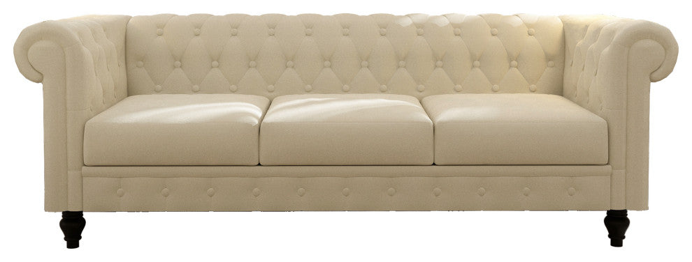 88'' Beige Velvet Rolled Arm Chesterfield Sofa with Black Leg