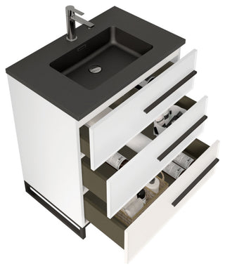 Freestanding White Vanity with Matte Black Sand Sink Top, 30"