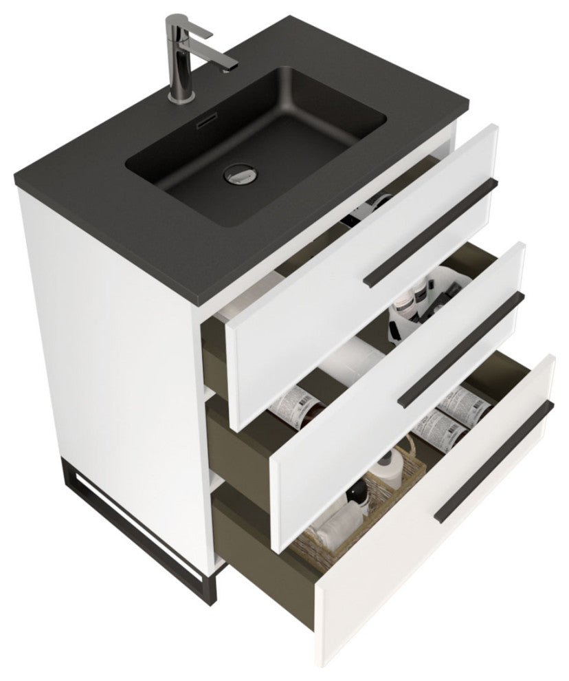 Freestanding White Vanity with Matte Black Sand Sink Top, 30"