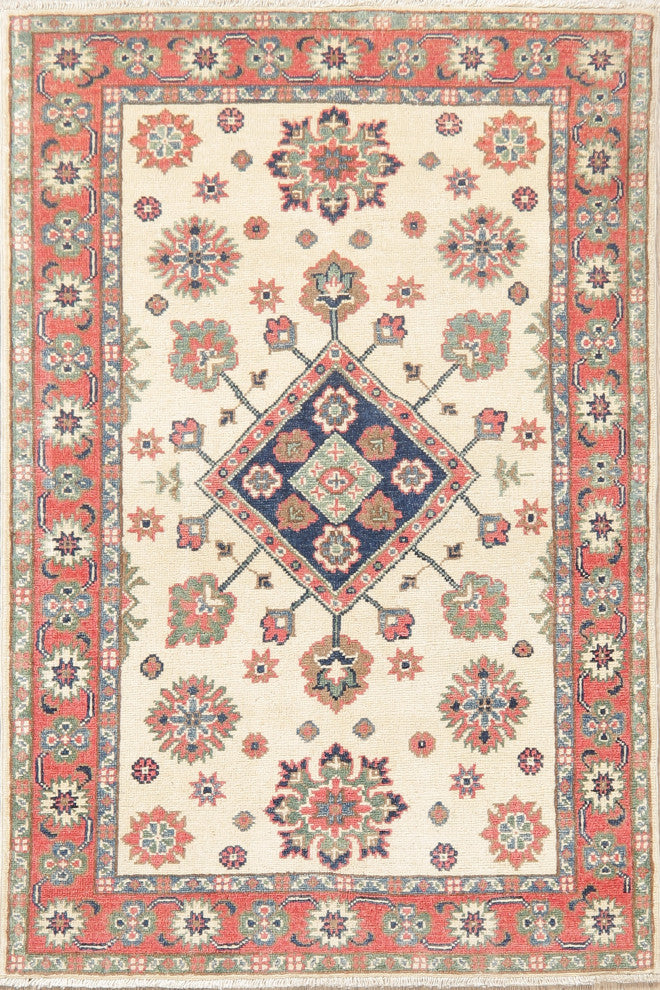 Kazak Oriental Traditional Hand Made Pakistani Area Rug, Beige, 4'10"x3'3