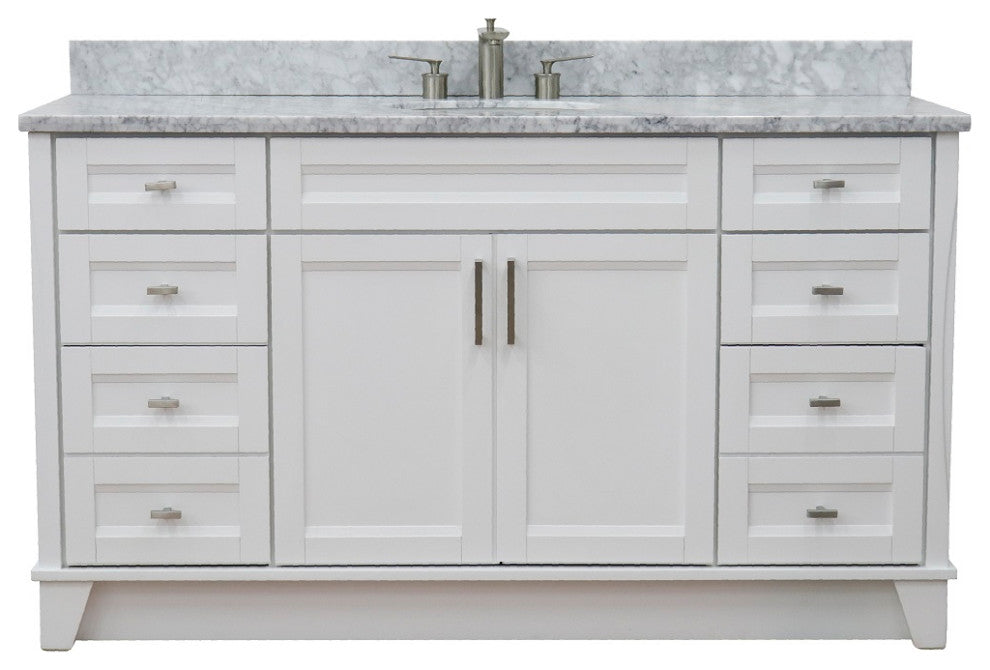 61" Single Sink Vanity, White Finish And White Carrara Marble And Oval Sink