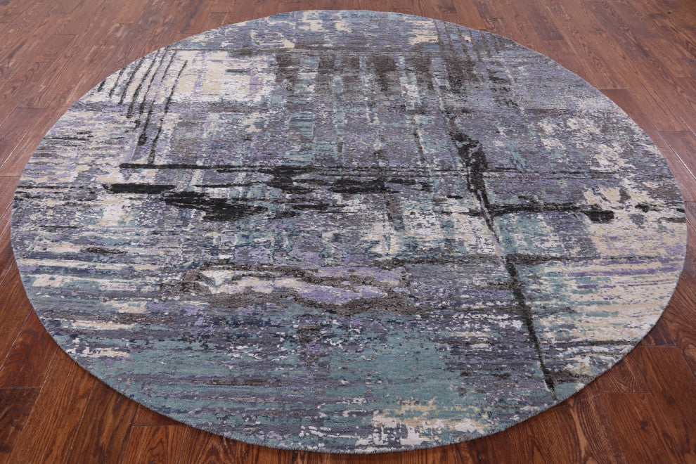 8' Round Wool and Silk Modern Hand-Knotted Rug Q7149
