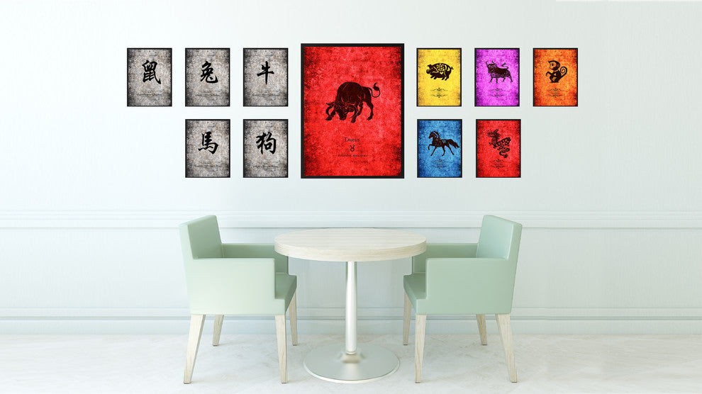 Taurus Horoscope Astrology Red Print on Canvas with Picture Frame, 28"x37"