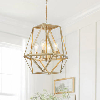 Industrial Painted Gold 4-Light Geometric Metal Frame Pendant Light