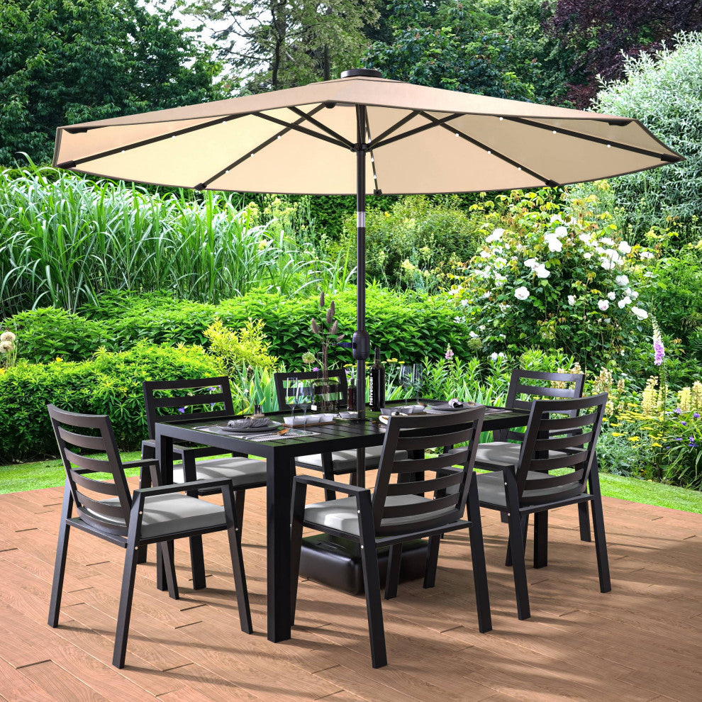 LeisureMod Chelsea Modern 7-Piece Outdoor Dining Set, Black Aluminum, Light Gray