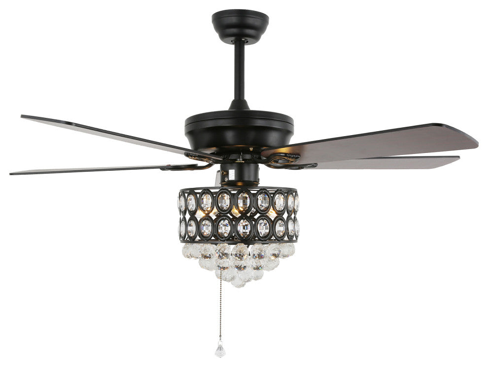 52" Modern Silver Crystal Ceiling Fan 6-speed with Dimmable Light and Remote, Black, 52"