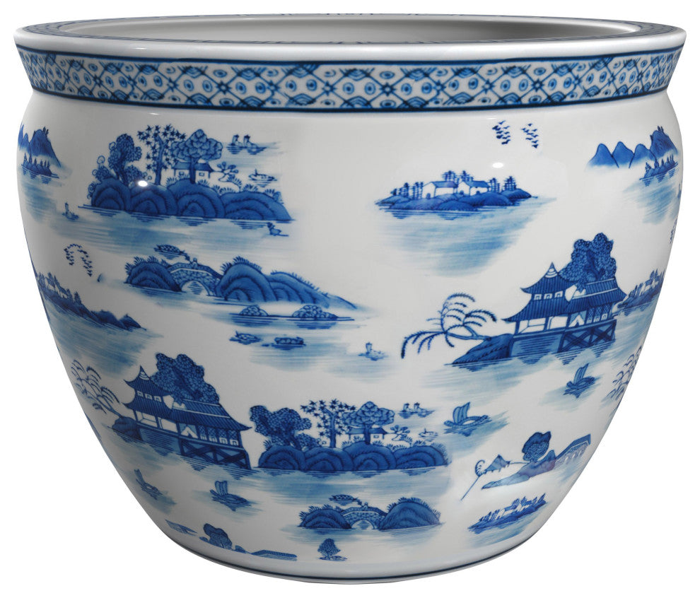14" Landscape Blue and White Porcelain Fishbowl