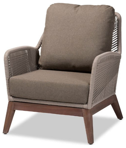Mid-Century Transitional Gray Woven Rope Mahogany Accent Chair
