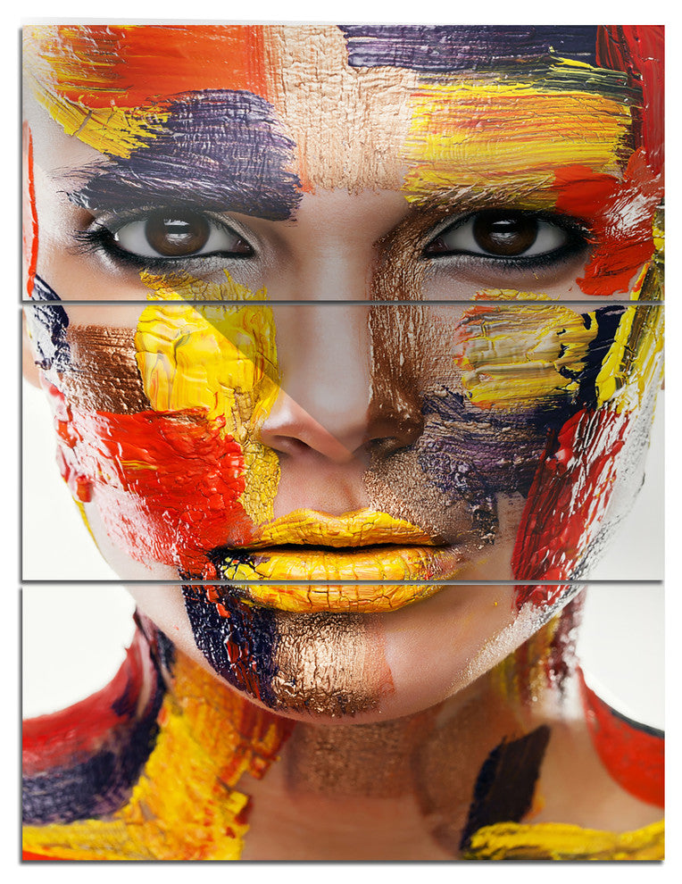 "Woman With Colorful Face" Glossy Metal Wall Art, 3 Panels, 28"x36"