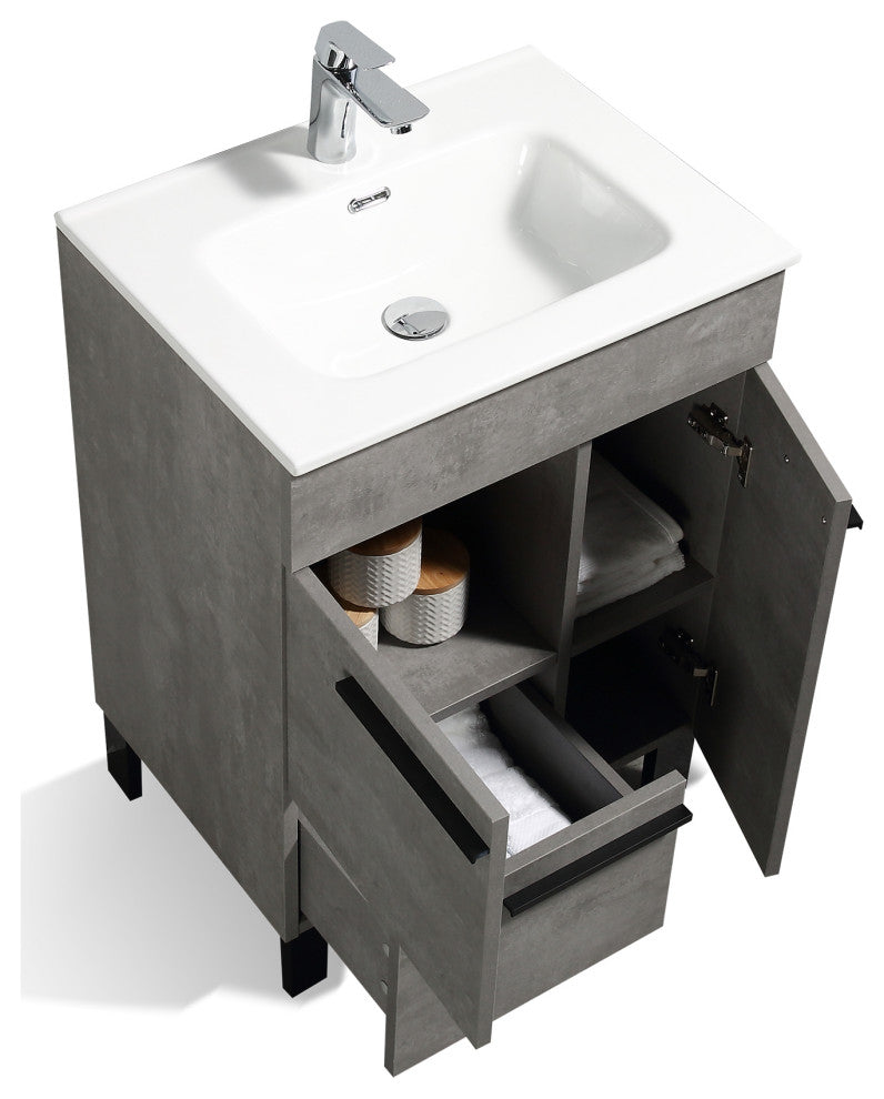 Freestanding Bath Vanity Set, Concrete Grey, Integrated Ceramic Sink, 24"