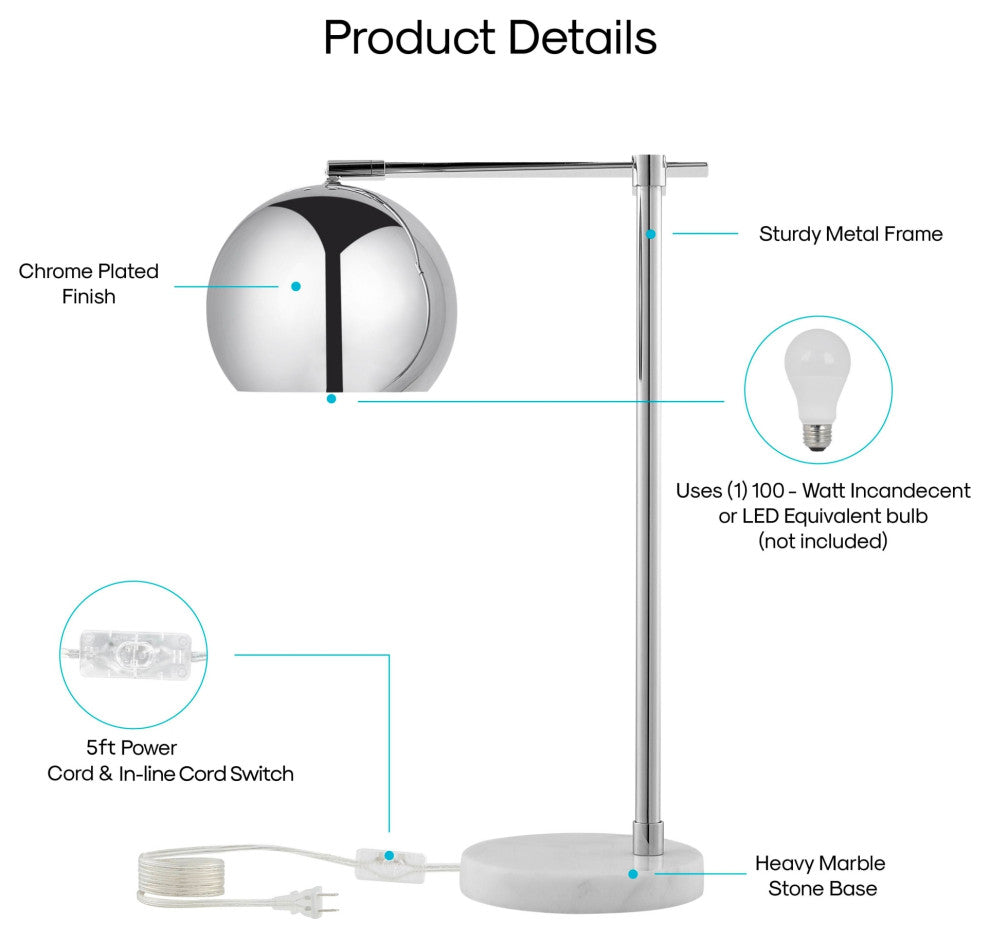 Inspired Home Emmalin Table Lamp, Marble Stone Base, Chrome