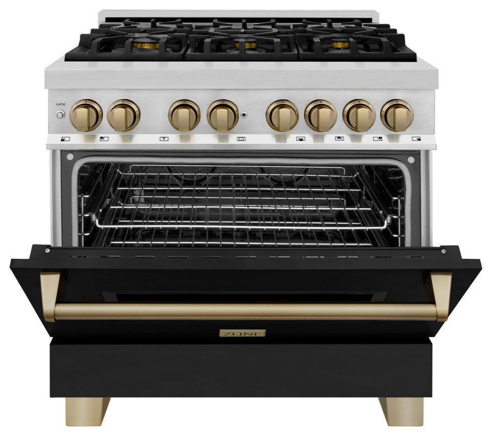 36" Dual Fuel Range, Stainless With Black Matte and Champagne RAZ-BLM-36-CB