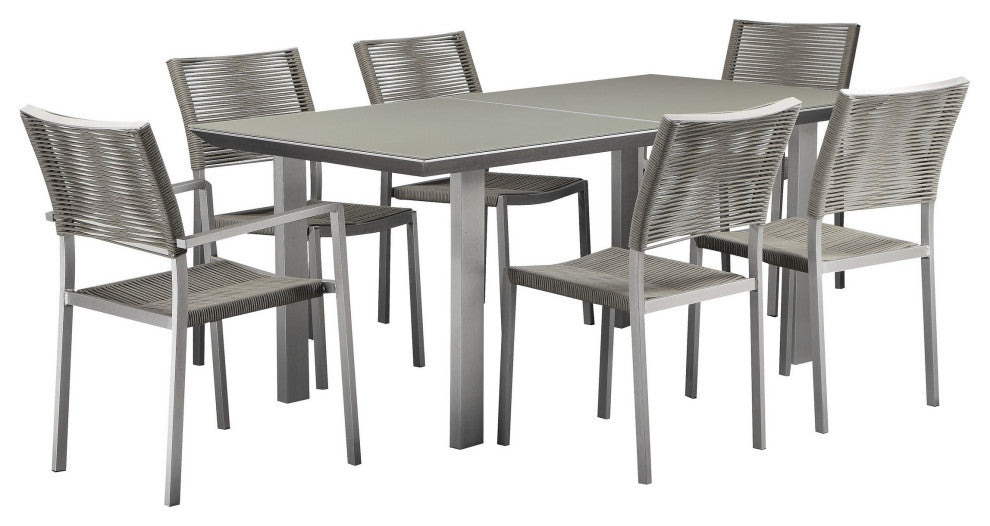 Benzara BM287829 Dining Table Set, Aluminum, Gray Rope Weave Backrest and Seat