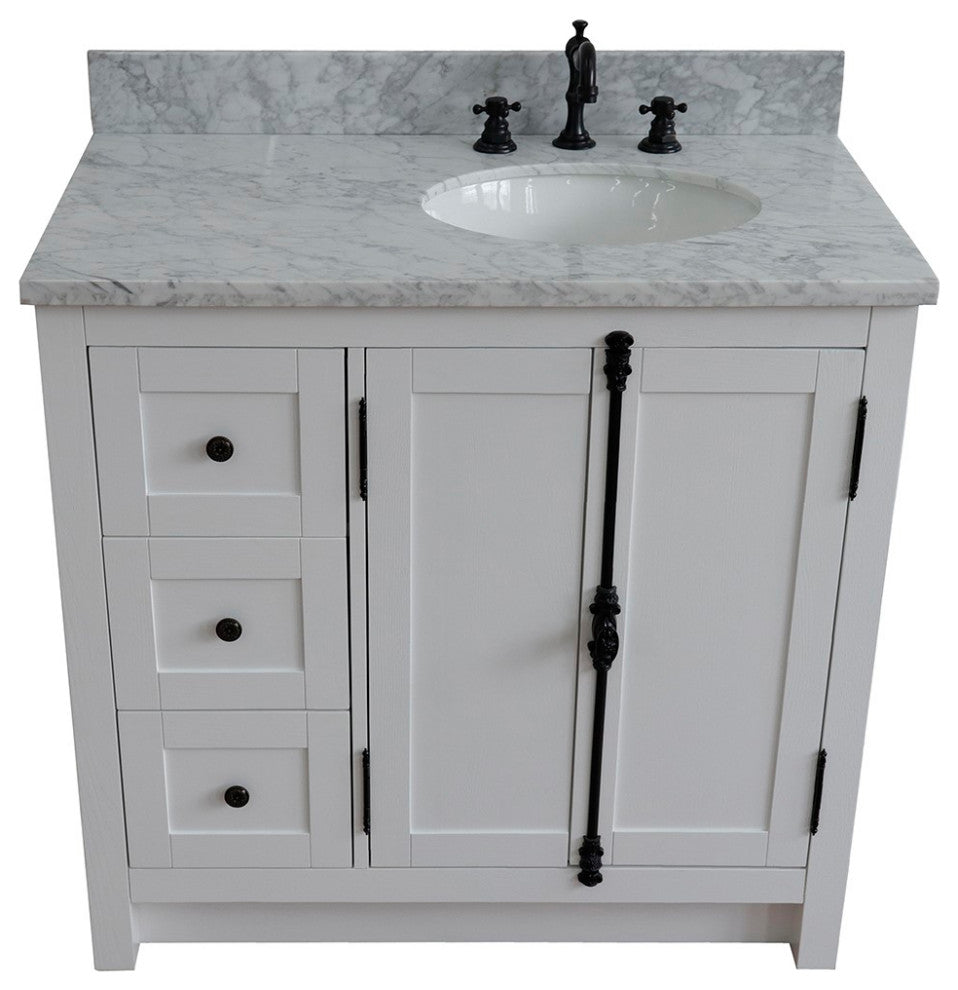 37" Vanity, Glacier Ash, White Carrara Top, Right Doors/Right Oval Sink