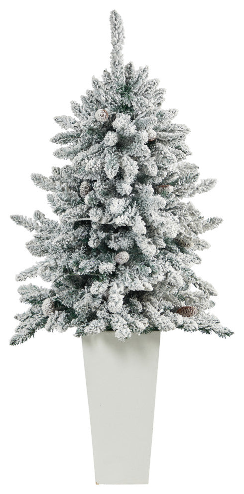 4.5' Flocked Livingston Fir Faux Xmas Tree W/Pinecones & Lights, Tall Planter