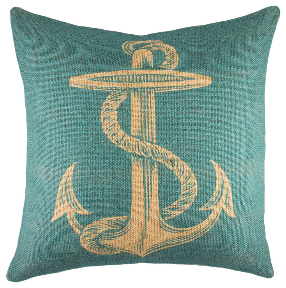 Anchor With Rope Burlap Pillow, Blue