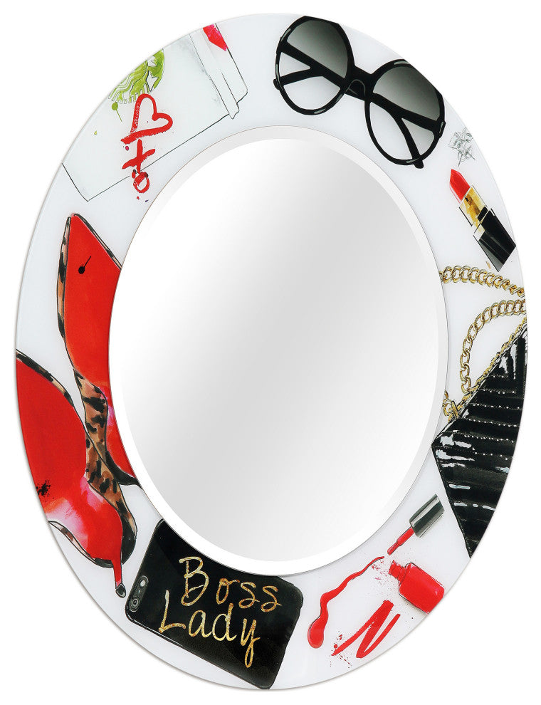 "Boss Lady" Round Beveled Wall Mirror on Floating Printed Tempered Art Glass