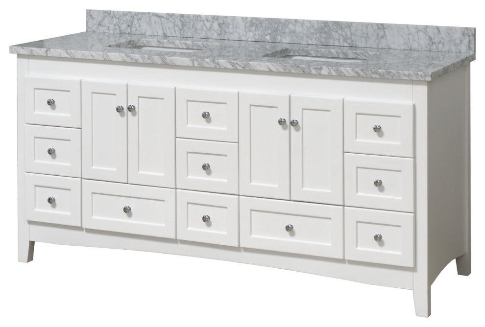 Abbey 72" Double Bath Vanity, White, Carrara Marble