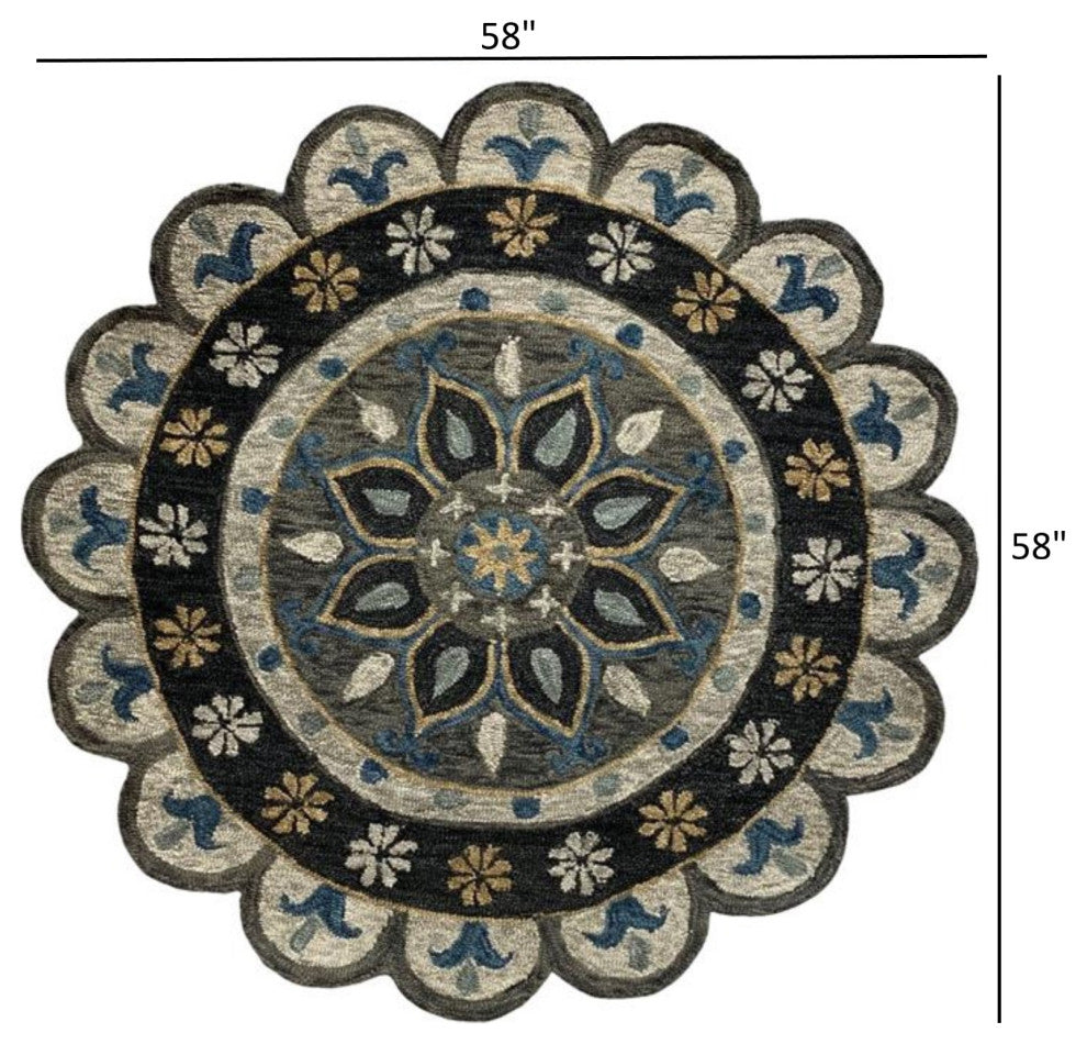 5" Round Gray Border Floral Medallion Area Rug