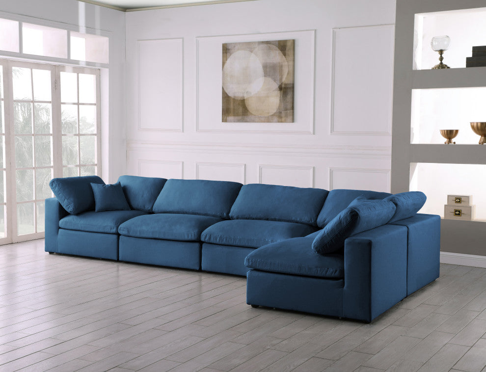 Plush Velvet / Down Standard Comfort L-Shaped Modular Sectional, Navy, 5-Piece: 3 Armless Chair, 2 Corner Chair