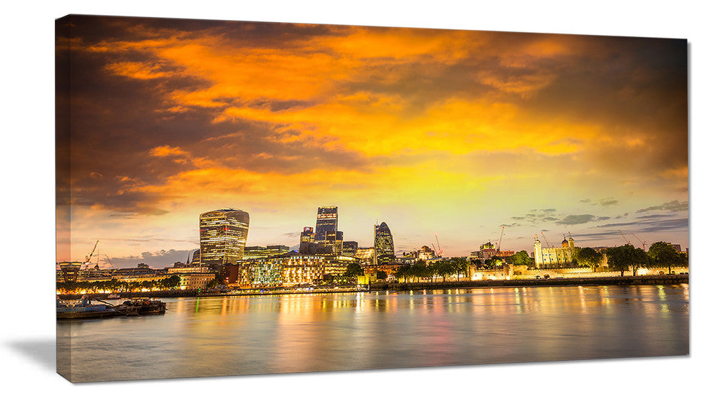 "Financial District of London at Twilight" Cityscape Wall Art, 60"x28", 1 Panel
