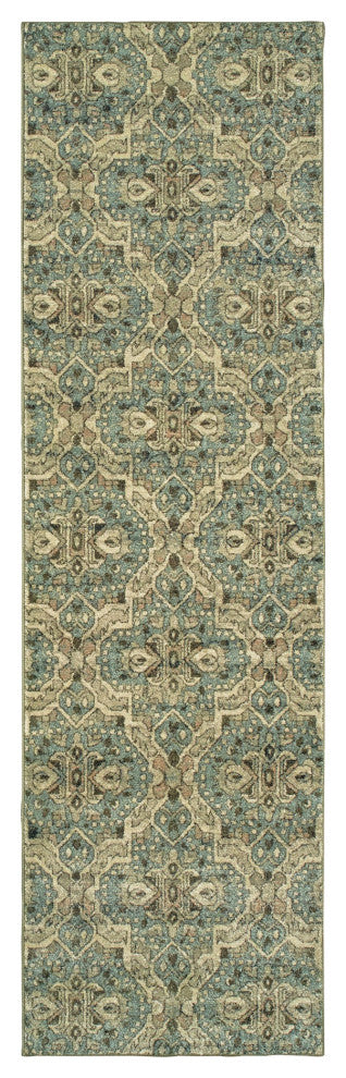 2??8??Ivory And Blue Geometric Runner Rug