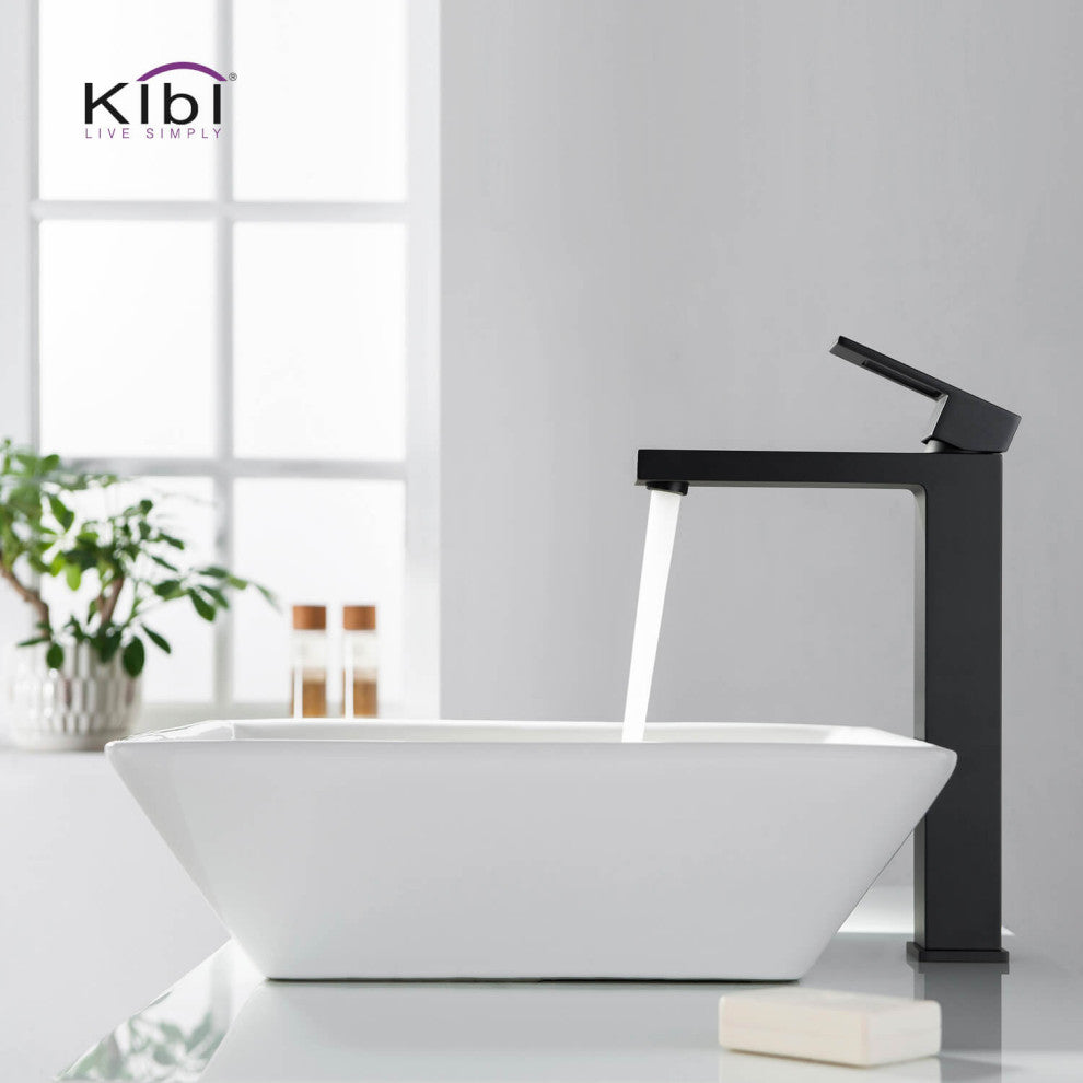 Cubic Single Handle Vessel Sink Faucet KBF1003, Matte Black, W/ Drain