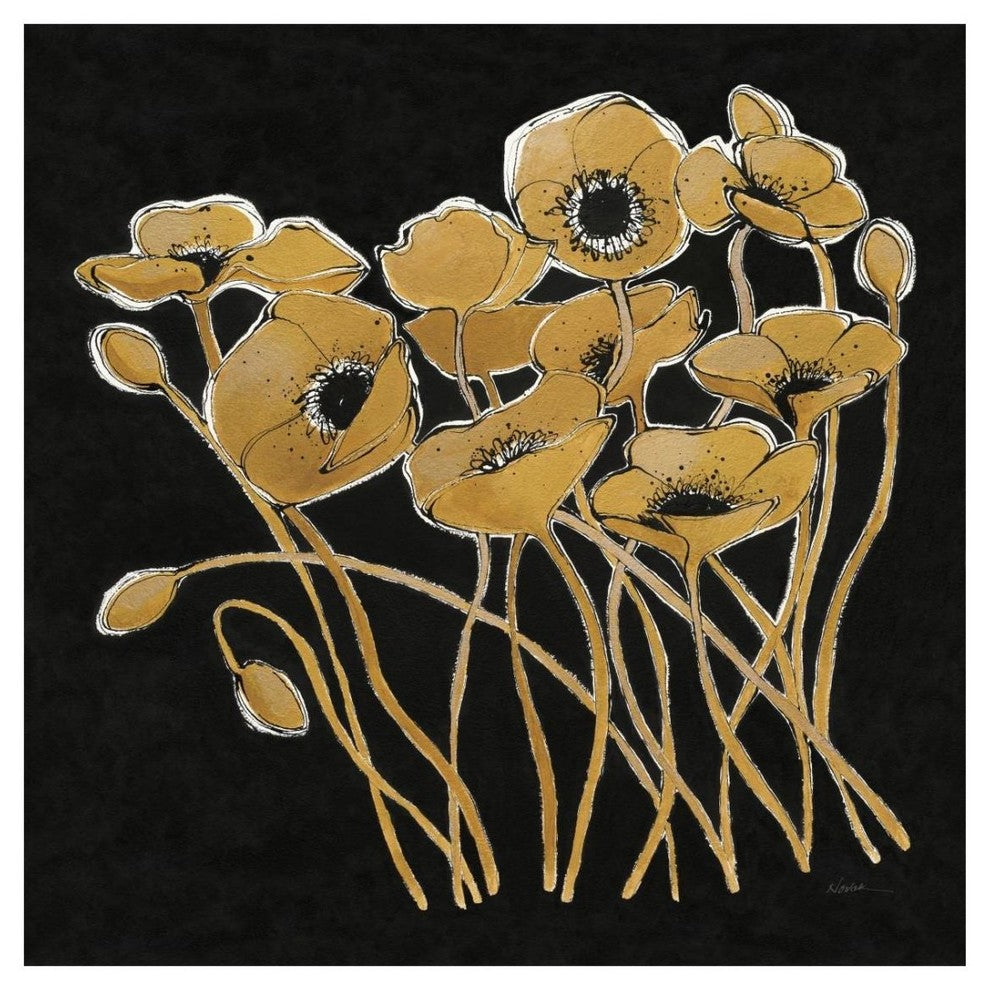 "Gold Black Line Poppies I v2" Digital Paper Print by Shirley Novak, 26"x26"
