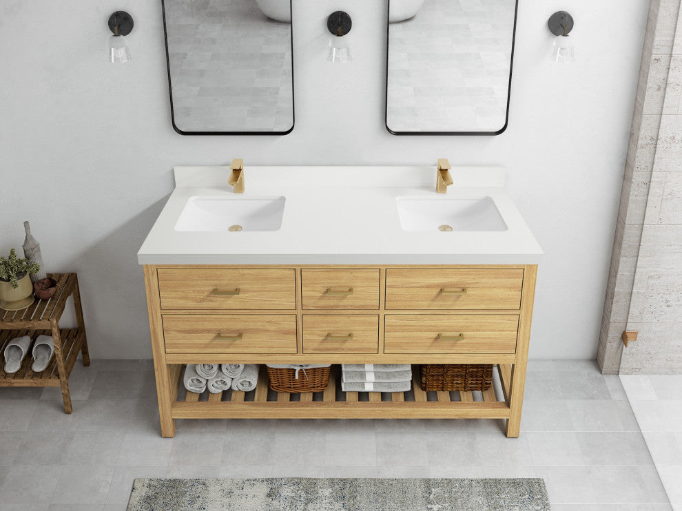 Parker Teak 60" Double Sink Vanity, Light Natural, 60" Double, 2" White Quartz