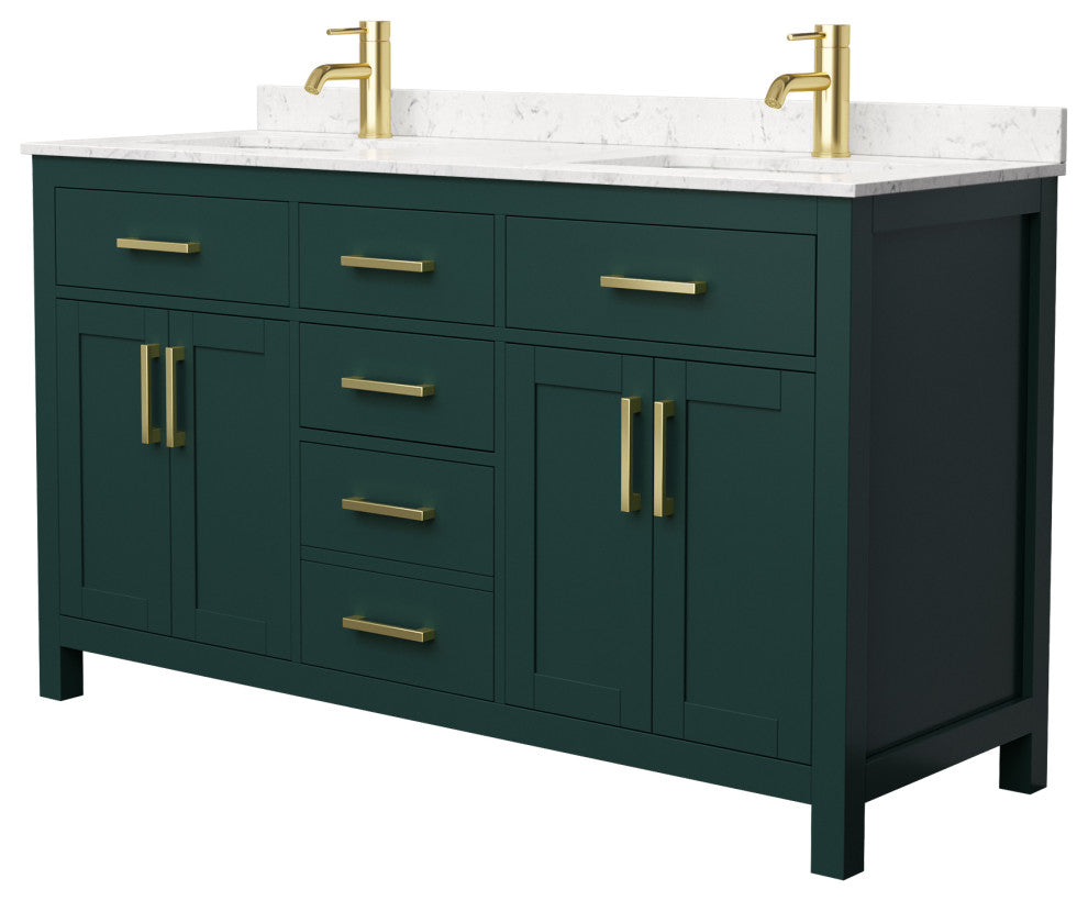 60"DBL Bathroom Vanity Green, Carrara Cult. Marble Countertop, Sinks, Gold Trim