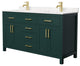 60"DBL Bathroom Vanity Green, Carrara Cult. Marble Countertop, Sinks, Gold Trim