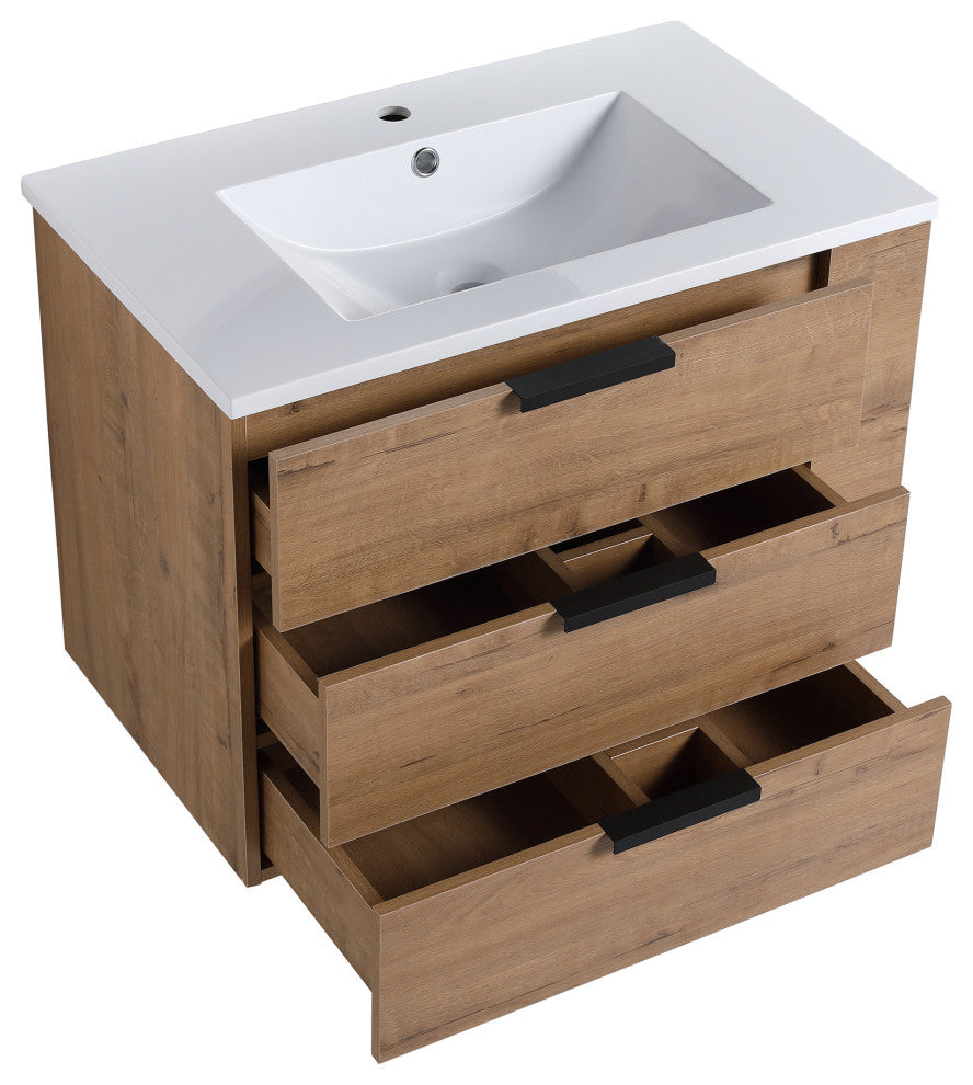 30 Inch Wall Mounted Plywood Bathroom Vanity with Resin Basin and Drawers