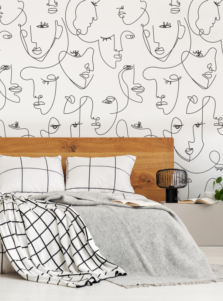 Minimalist Face Line Art Mural Peel and Stick Vinyl Wallpaper, Black, 24x108