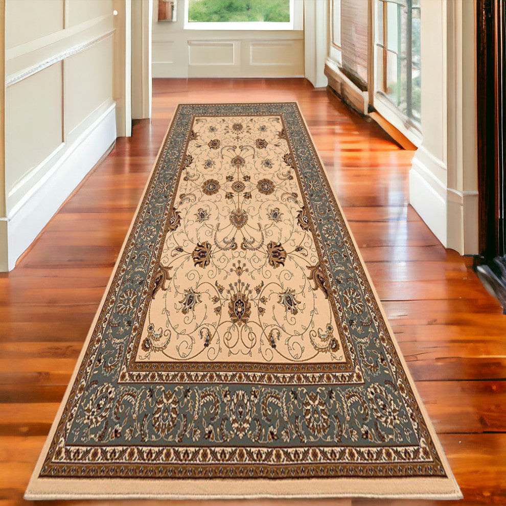 2"x20" Cream and Blue Traditional Runner Rug