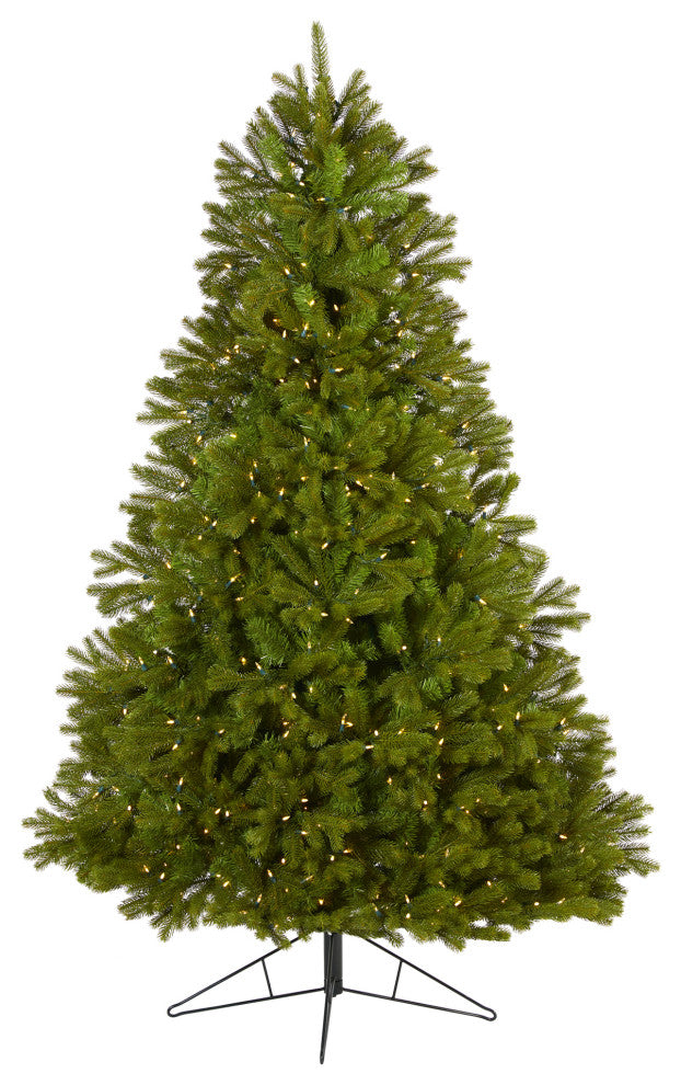 7' Cambridge Spruce Flat Back Faux Xmas Tree W/500 White, Multifunction Lights