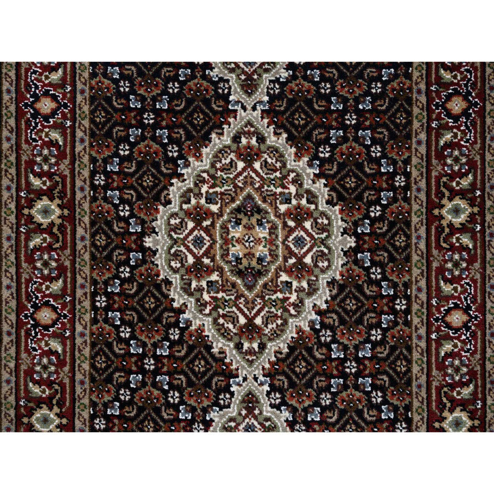 Black Hand Knotted, Tebraz Mahi Wool and Silk XL Runner Rug, 2'6"x26'3"