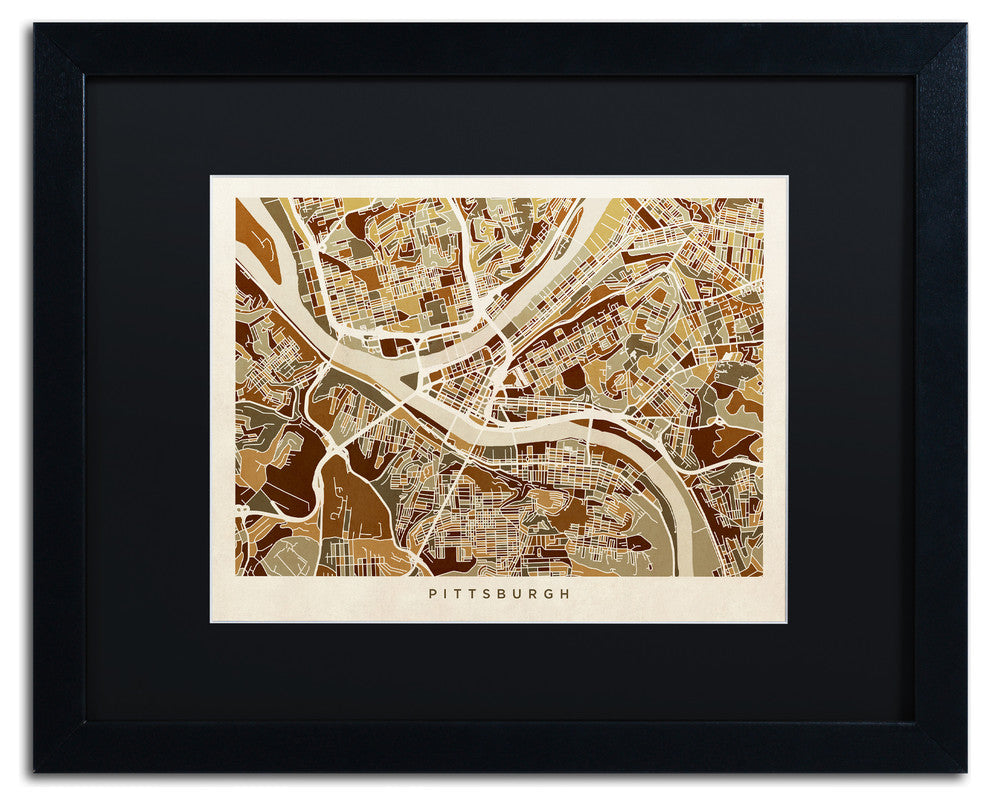 "Pittsburgh Street Map" Matted Framed Canvas Art by Michael Tompsett