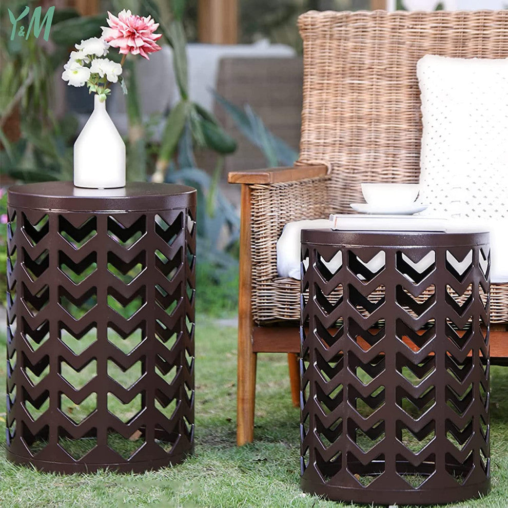 Outdoor Garden Stool Set of 3 with Metal Frame , Brown