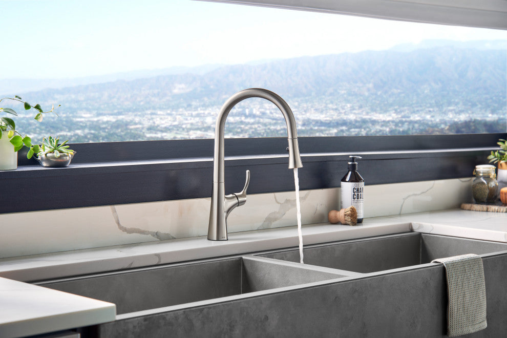 Antioch Single Handle Pull-Down Kitchen Faucet w/ Snapback, Stainless Steel