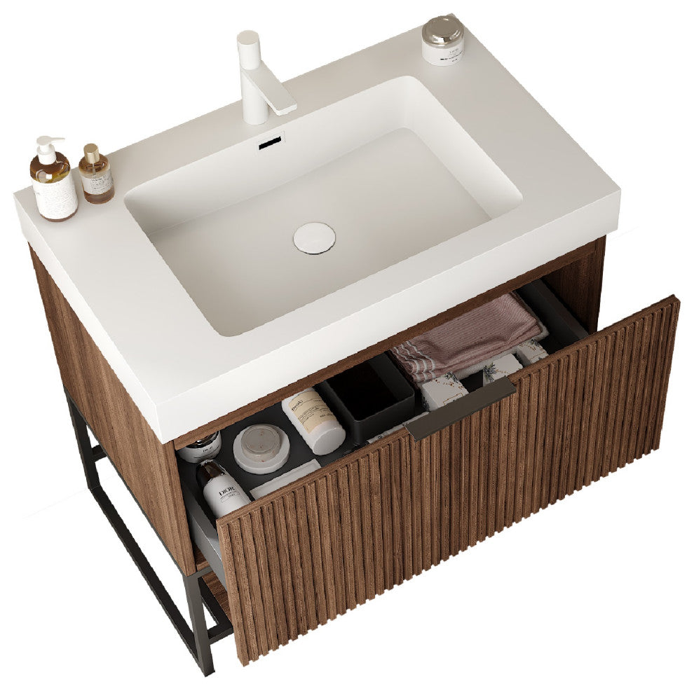 Plywood Freestanding Bathroom Vanity Set with Integrated Acrylic Sink, Walnut, 30in