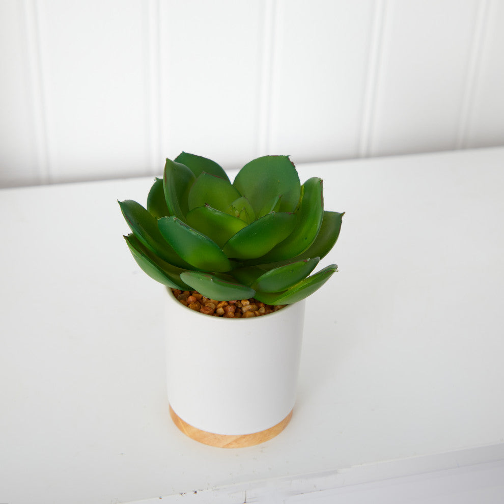 6" Succulent Artificial Plant, White Ceramic Planter