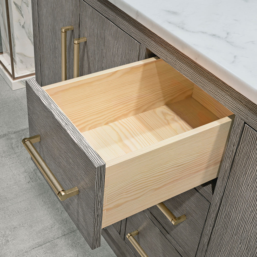 Hugo Carrara White Marble Countertop Vanity in Gray Oak, Satin Gold Hardware, 60", Vanity With Gooseneck Faucet