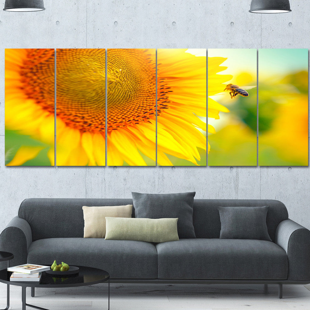 Beautiful Sunflowers Blooming, Large Animal Canvas Art Print, 70"x28", 6 Panels