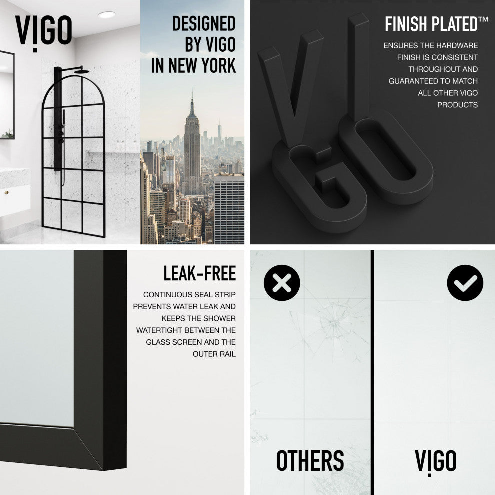 VIGO Arden 34" W x 78" H Framed Fixed Shower Screen, Matte Black Grid, Clear Glass