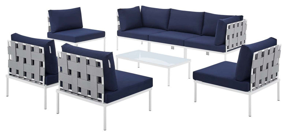 Sectional Sofa Chair Table Set, Sunbrella, Aluminum, Gray Blue Navy, Outdoor