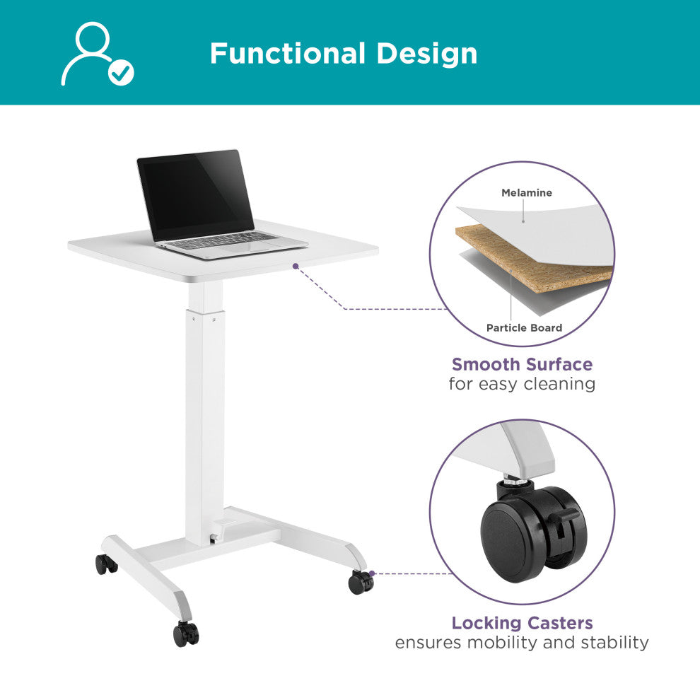 Mobile Pedal Controlled Height Adjustable Sit Stand Desk, Compact Size, White