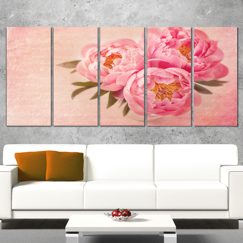 Peony Flowers against Scribbled Back, Floral Canvas Print, 60"x28", 5 Panels