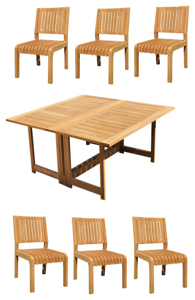 7-Piece Outdoor Teak Set: 60" Square Butterfly Table, 6 Maldives Armless Chairs